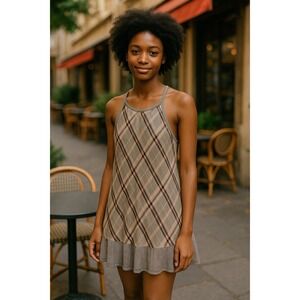 Cloth & Stone Plaid Sleeveless Shift Dress‎ Ruffle Hem Size S Casual Layering